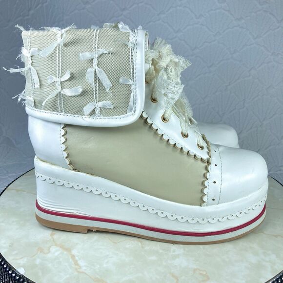 HILIB Platform Boots Women 8.5 White Beige Cute Lolita Cosplay Brogue Wedge Shoe - Picture 1 of 11